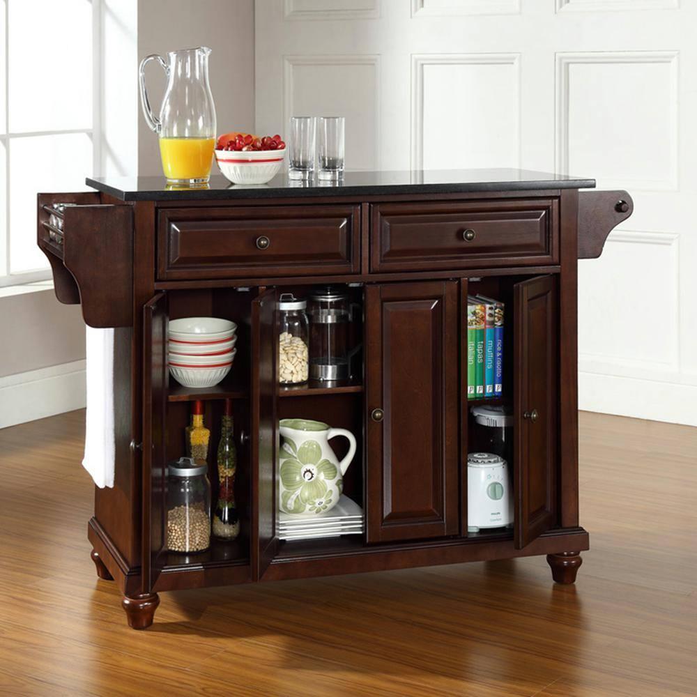 Cambridge Black Granite Top Full Size Kitchen Island/Cart Mahogany - Crosley: With Cabinets, Spice Rack, Towel Holder