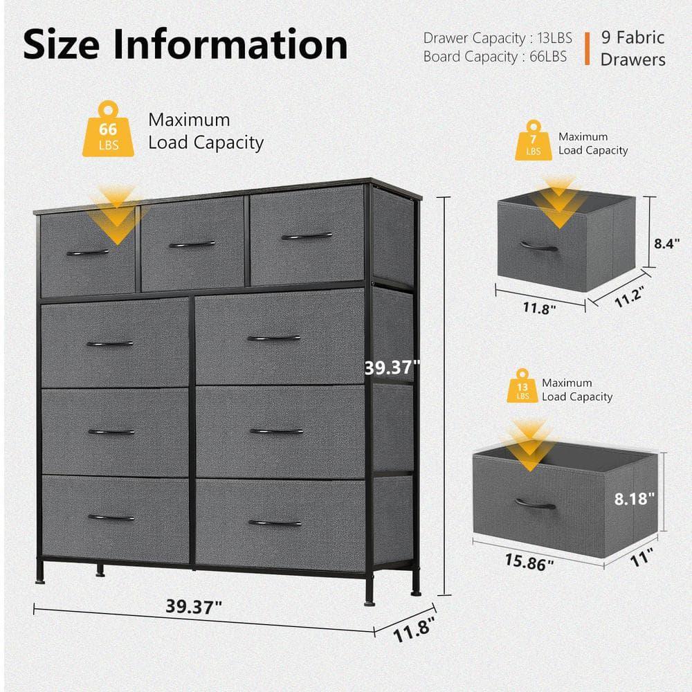 9 Drawer Dresser, Wide Chest Of Drawers Nightstand Storage Tower Storage Dresser Fabric Dresser With Wood Top, Metal Frame, Gray