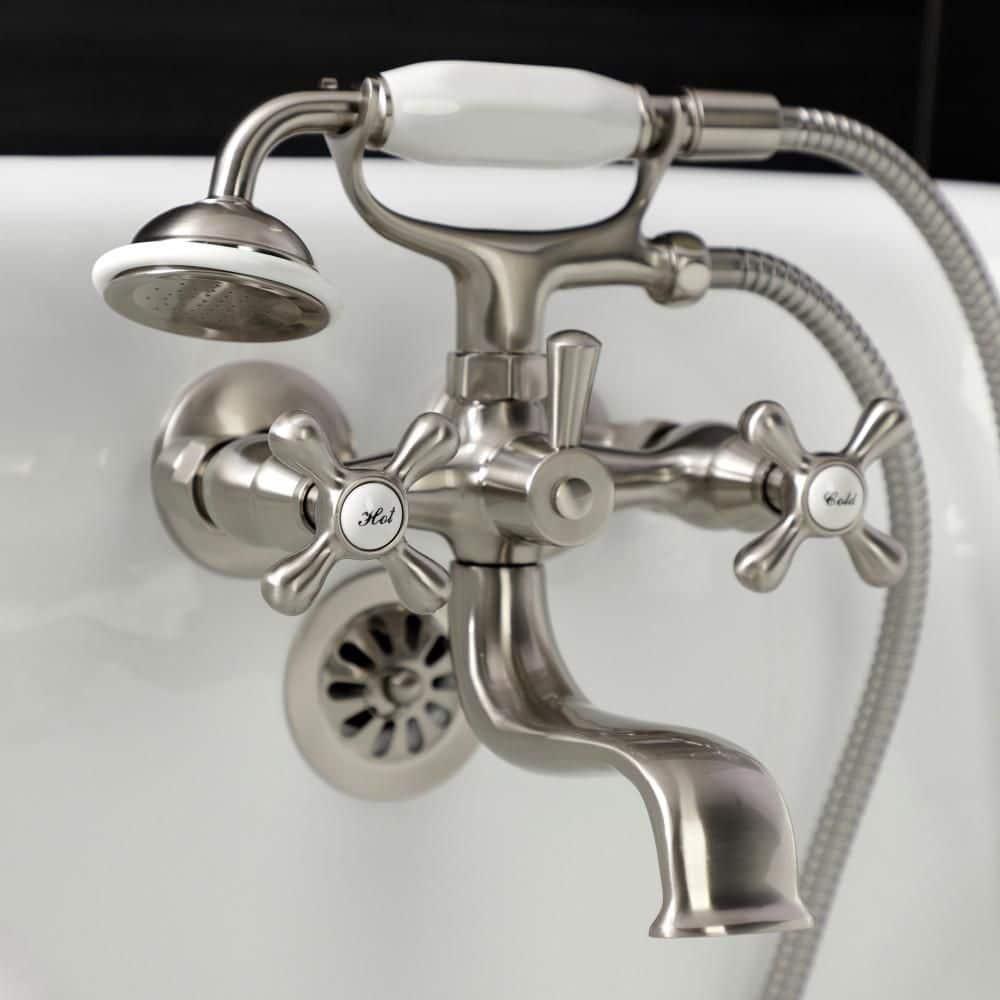 Kingston Brass Kingston Three-Handle 2-Hole Tub Wall Mount Clawfoot Tub Faucet with Handshower