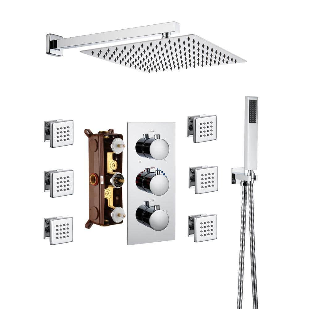 3-Function LED Light Thermostatic Rainfall Shower System with 6 Body Jets and Rough-in Valve
