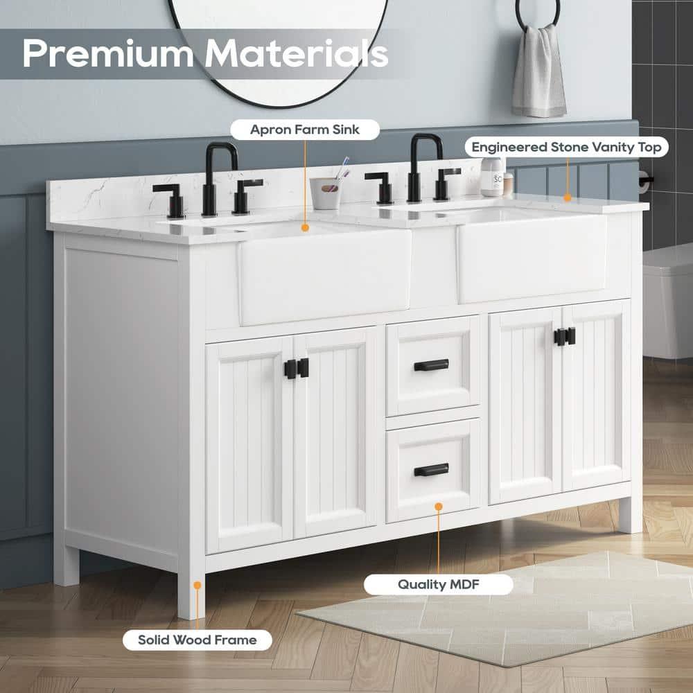 Richfield 60-inch White Painted Freestanding Double Sink Bathroom Vanity