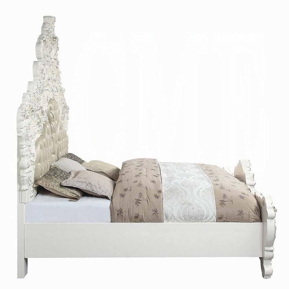 Benjara Kin King Size Bed, Ornate Vintage White, Tufted Beige Faux Leather