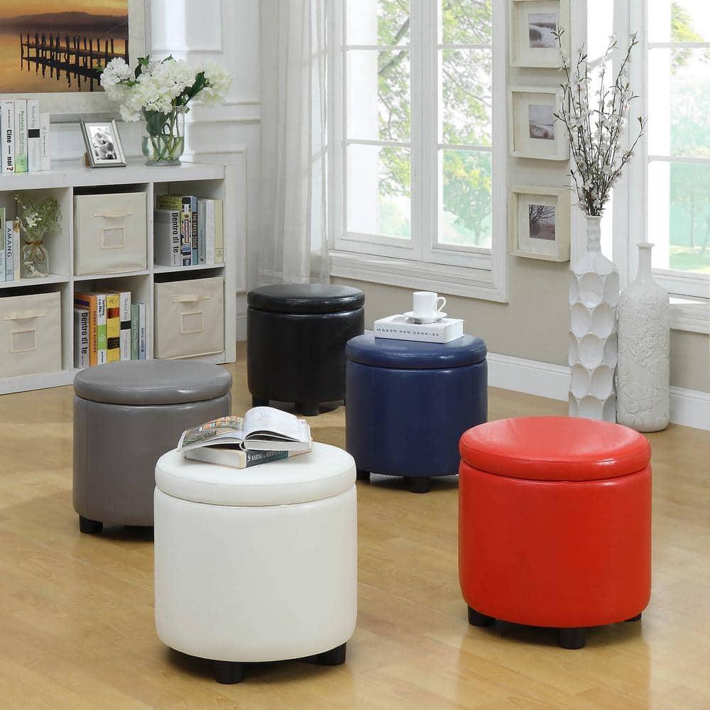 Convenience Concepts Designs4Comfort Round Accent Storage Ottoman with Reversible Tray Lid, Black Faux Leather