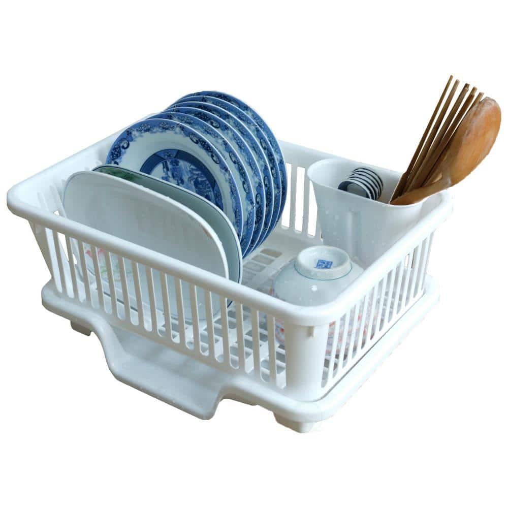 Basicwise Heavy Duty 2-Piece Plastic Dish Drying Rack Set in White - Includes Large Dish Drainer, Attached Drainboard, and Utensil Cup Holders for Home Kitchen Countertop Organization