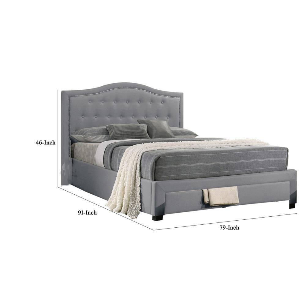 Benjara Sey  Bed W Storage Footboard, Light Gray Burlap Upholstery
