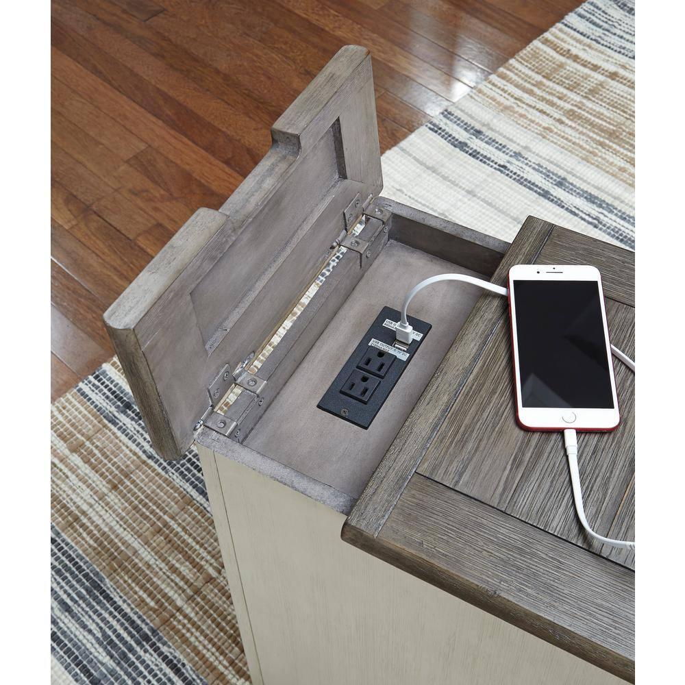 Signature Design by Ashley Bolanburg Chair Side End Table Brown/White: Vintage Style, USB Ports, Storage Cabinet
