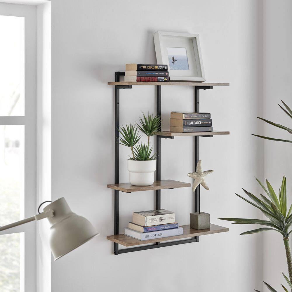 Danya B. 34.5" x 23.6" Rhodes 4 Tier Modern Floating Windowsill Wall Shelf Unit Black/Light Walnut: MDF & Iron, Open Design