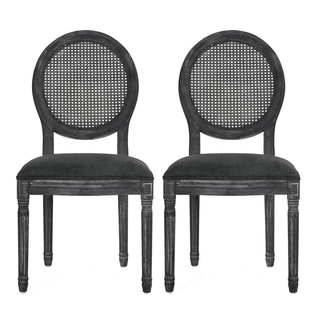 Noble House Acorn French Wood and Cane Upholstered Dining Chair, Set of 2, Gray