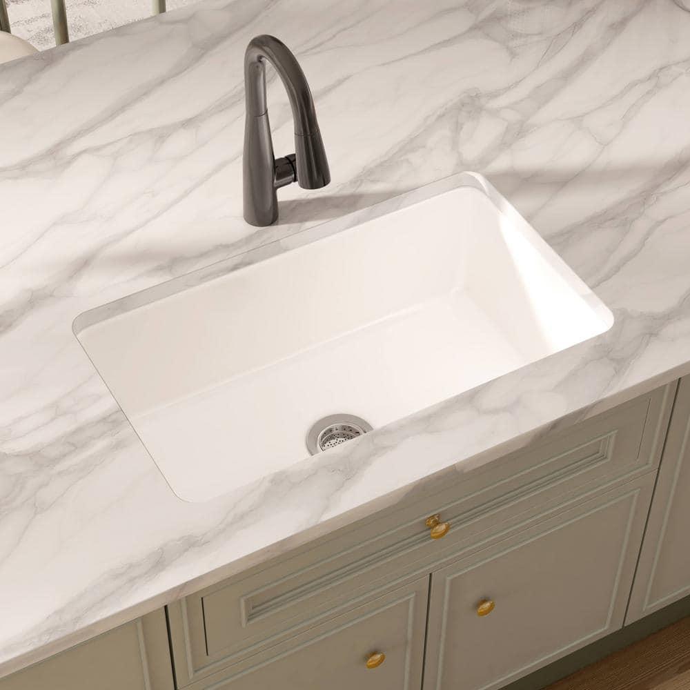 Eridanus Oslo 30" x 18" White Single Bowl Fireclay Undermount Kitchen Sink with Basket Strainer and Bottom Grid ERI-DS-164