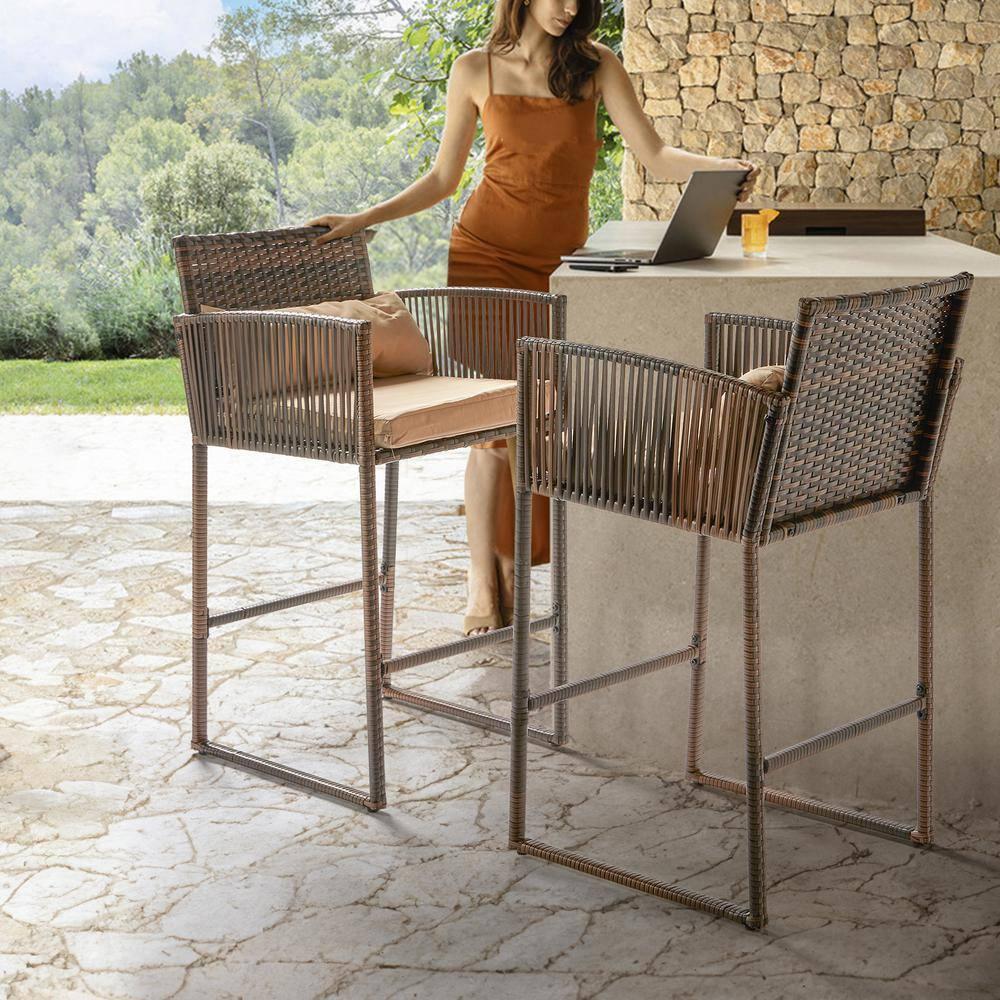 Tcbosik Outdoor 3 Piece Patio Bar Set, Rattan High Bar Stools for 2 with Cushions, Armrest and Backrest, Wicker Bar Table with Storage Shelf, Brown