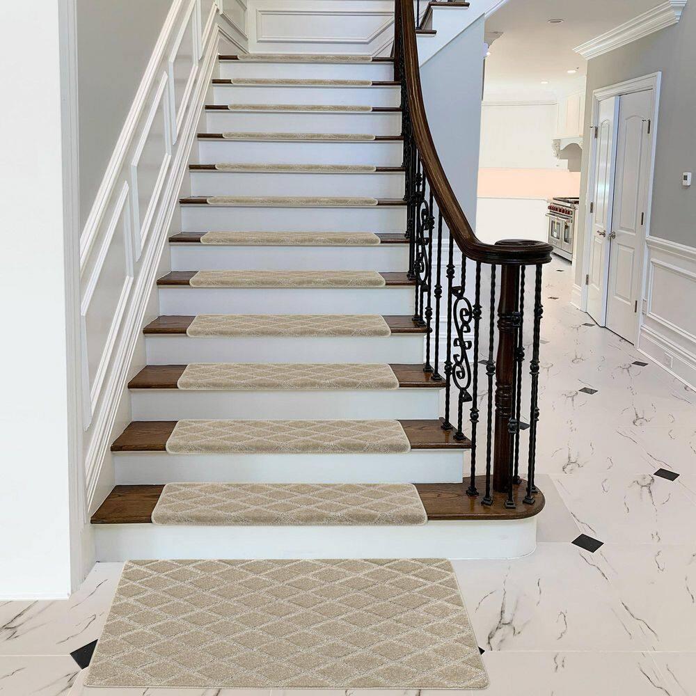 PURE ERA Bullnose Carpet Stair Treads Protectors for Wooden Steps 9.5" x 30"x1.2" Pet Friendly Tape Free Non-Slip (Set of 14 Pieces,Cream Gray Diamond Trellis)