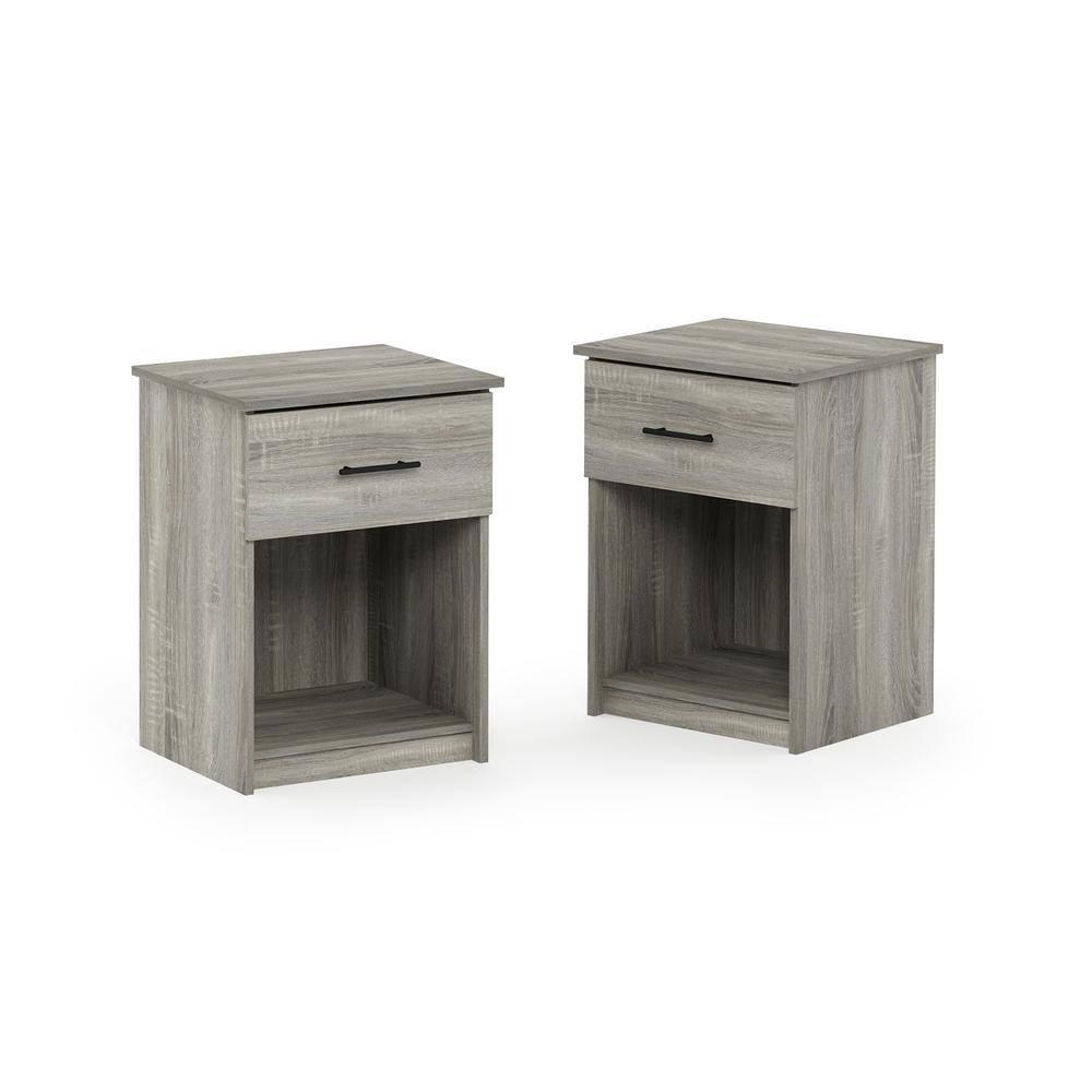 Furinno 2PCS Mid-Century Nightstand Multipurpose End Table Accent Side Table W/Drawer & Open Storage Cube for Bedroom,Living Room,French Oak Grey