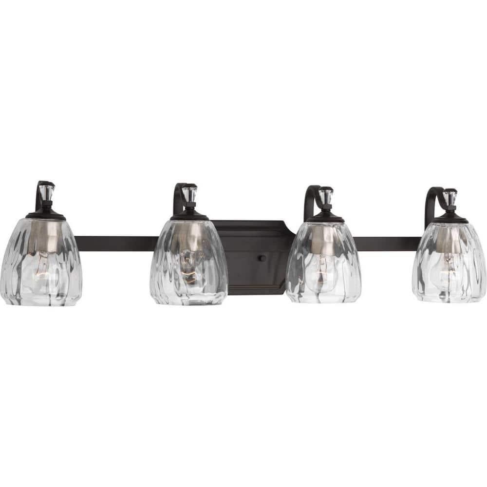 Progress Lighting Anjoux 4-Light Bath Vanity Fixture Antique Bronze Clear Water Glass Shade