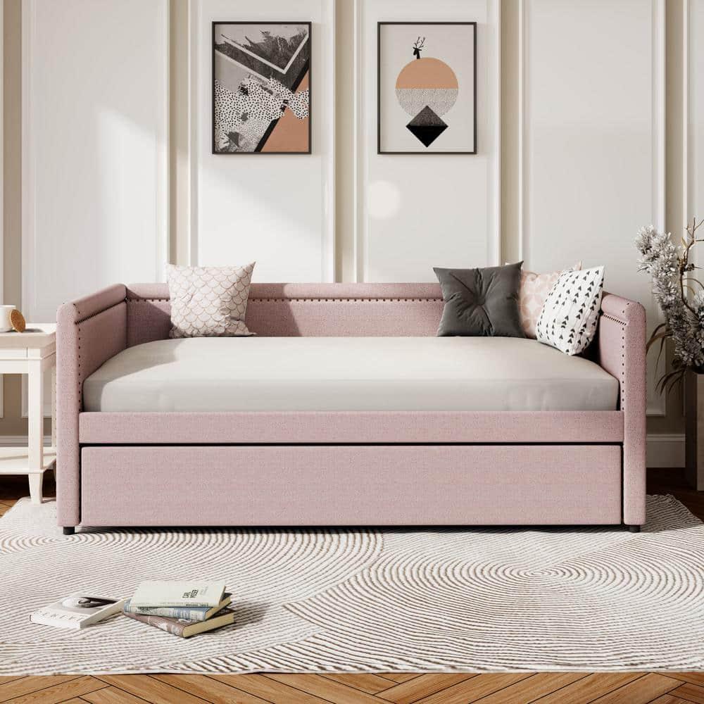 Pink Modern Style Twin Size Linen Upholstered Daybed with Trundle, Curved Arms, Nailhead Trims