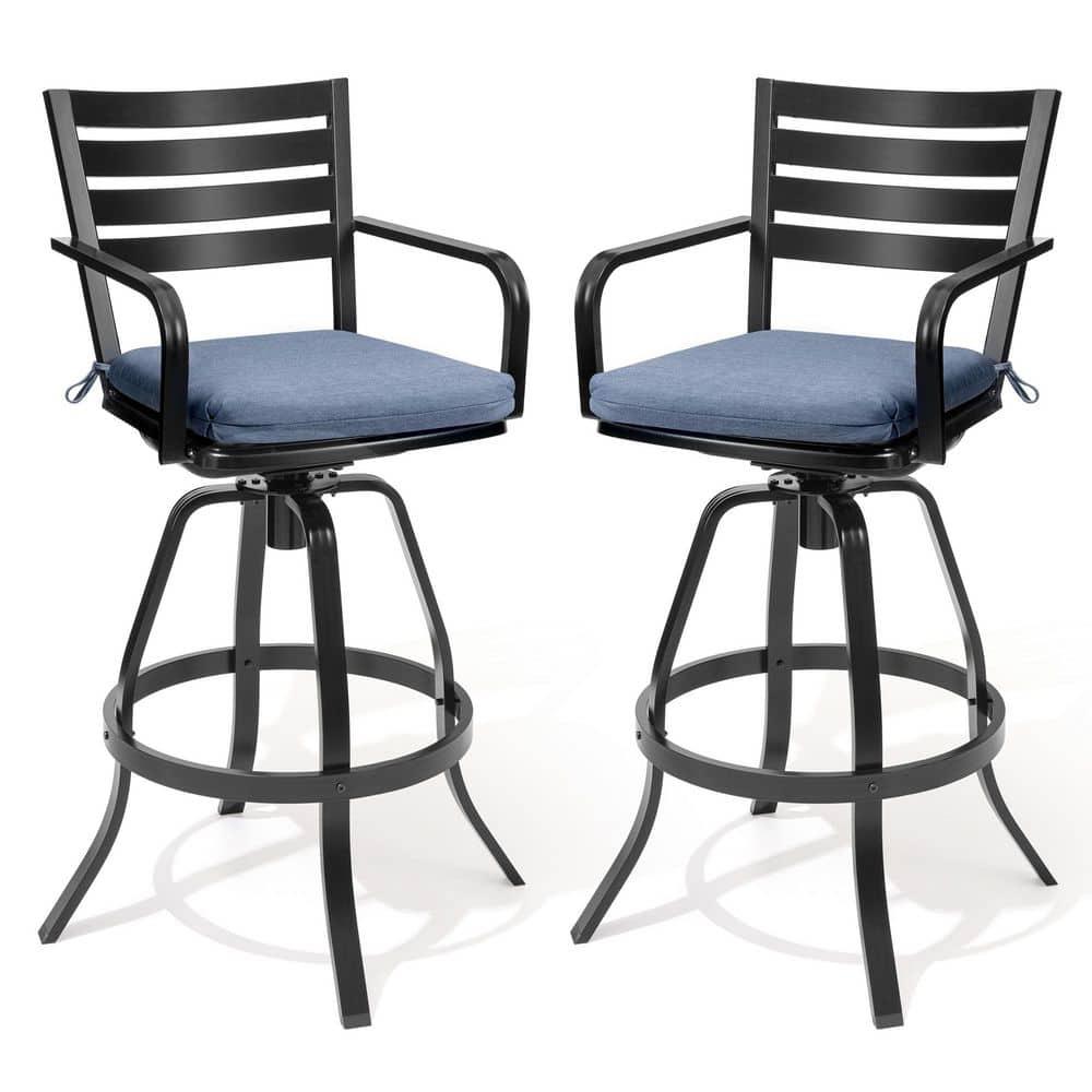 Crestlive Products Outdoor Bar Stools Set of 2  Aluminum Swivel Barstools with Sunbrella Cushion Cast Aluminum Patio High Chair Bistro Set Blue