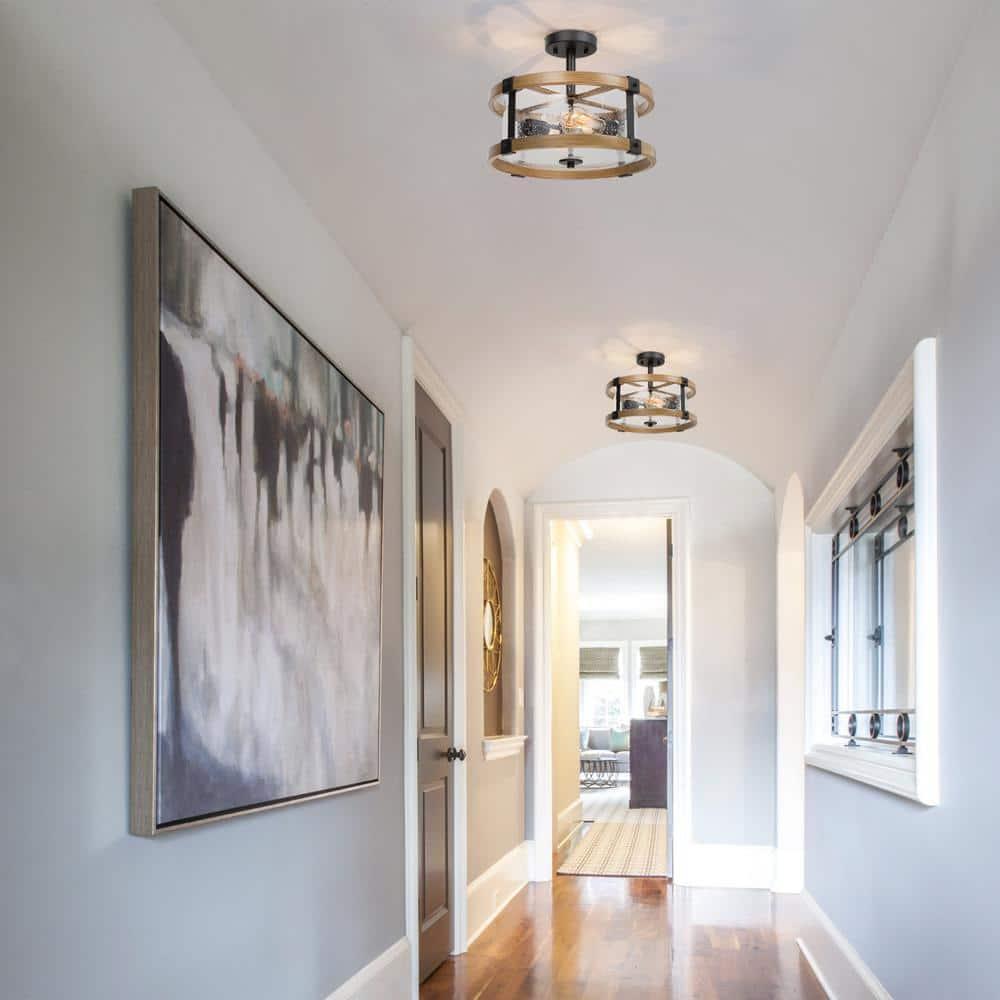 LNC Farmhouse 2-Light Semi-Flush Mount Light with Seeded Glass Shades 15",Brown Wood&Black