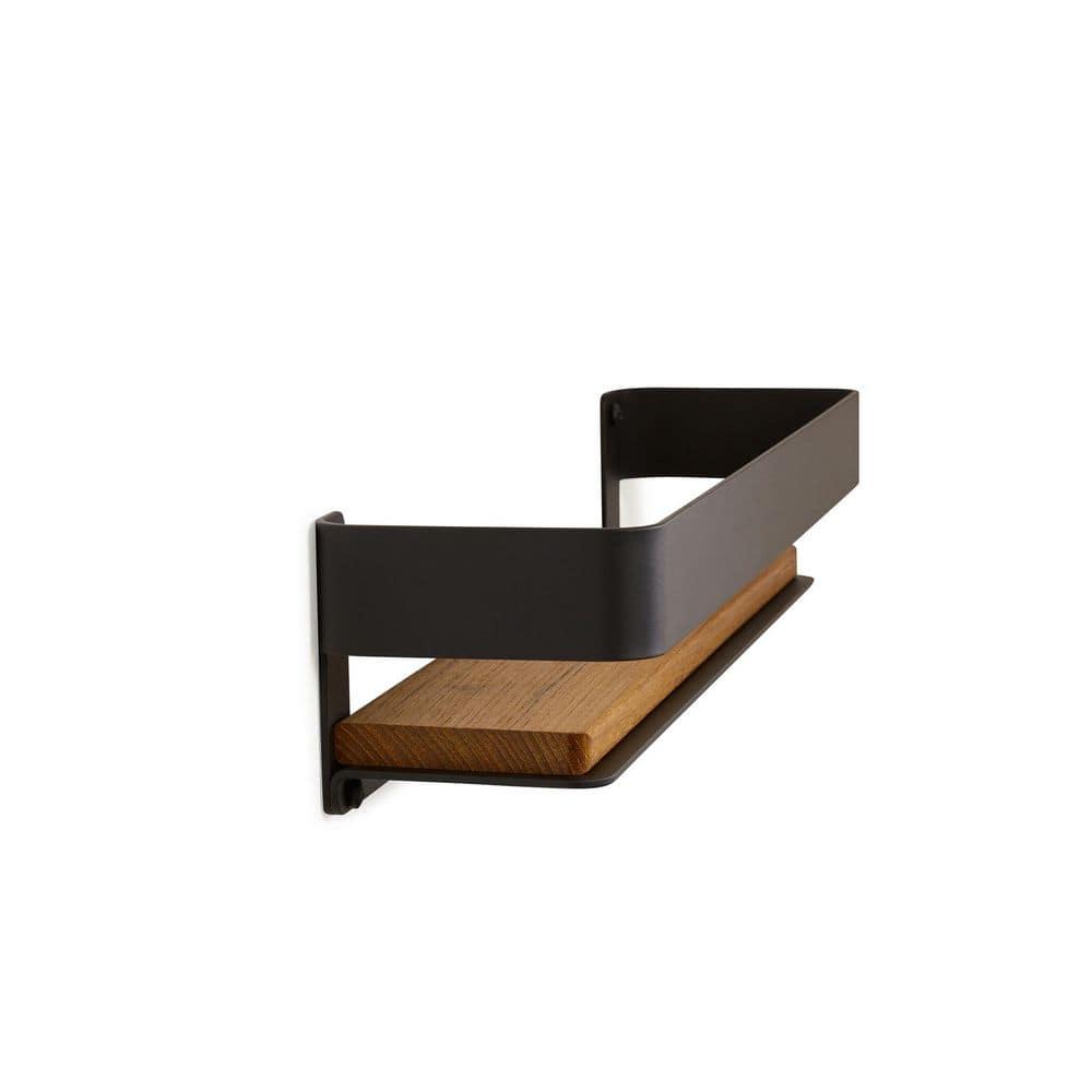 18 in. x 4 in. Rectangular Shower Shelf with Rail in Matte Black and Natural Teak Wood Insert