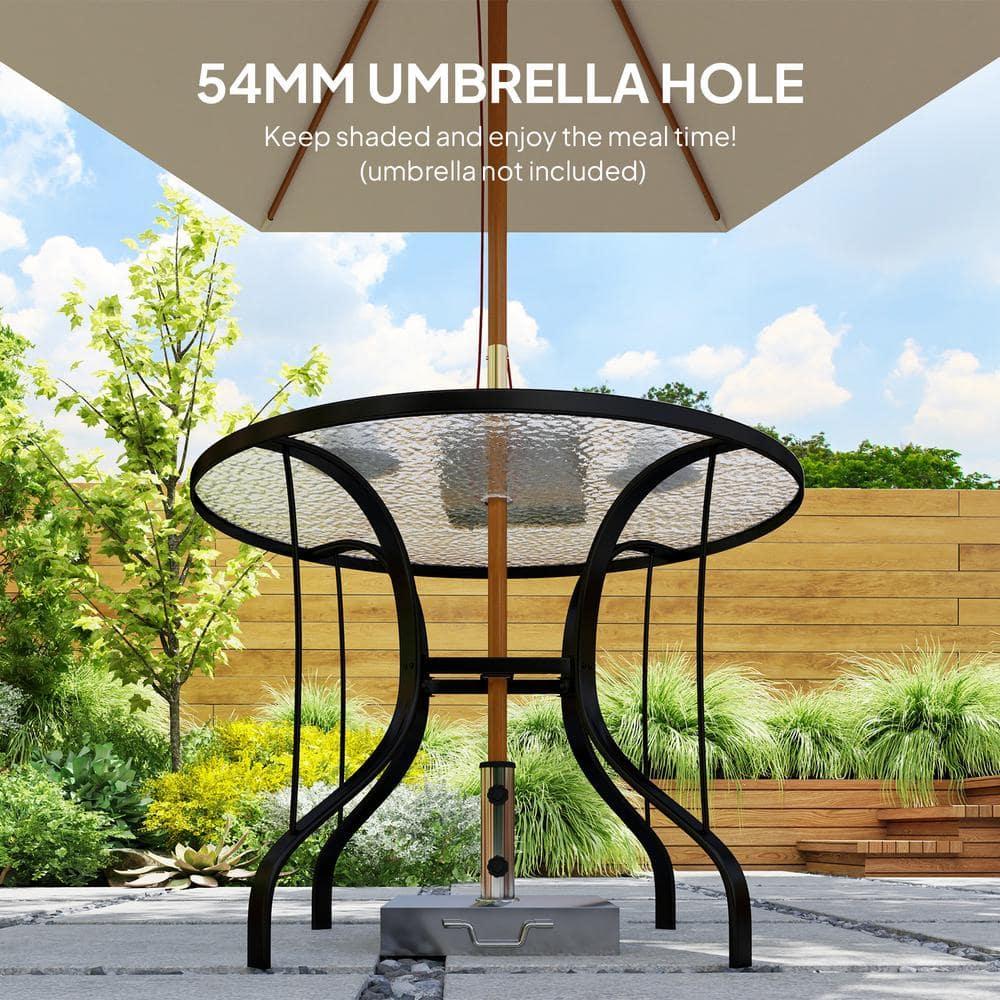 Outsunny 38" Round Patio Table, Outdoor Dining Table Tempered Glass Metal Frame Bistro Table with Umbrella Hole, for Deck, Yard, Balcony, Lawn, Pool