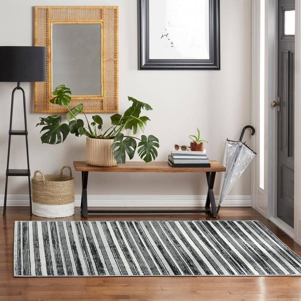 Everwash Treasure Striped Modern Machine Washable Area Rug, Light Grey/Charcoal Grey, 6'6"x9'2"