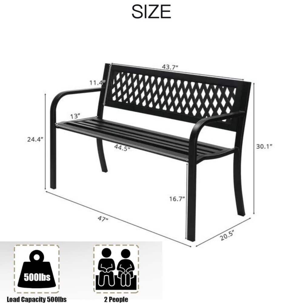 Gardenised Outdoor Steel 47 Park Bench for Yard, Patio, Garden and Deck, Black Weather Resistant Porch Bench, Park Seating