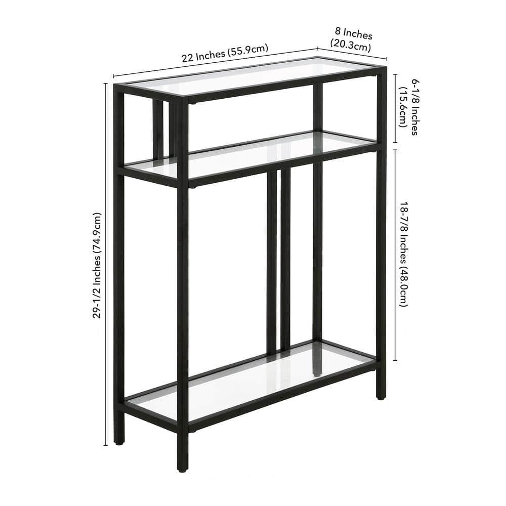 Evelyn&Zoe Cortland 22" Wide Rectangular Console Table with Glass Shelves, Blackened Bronze