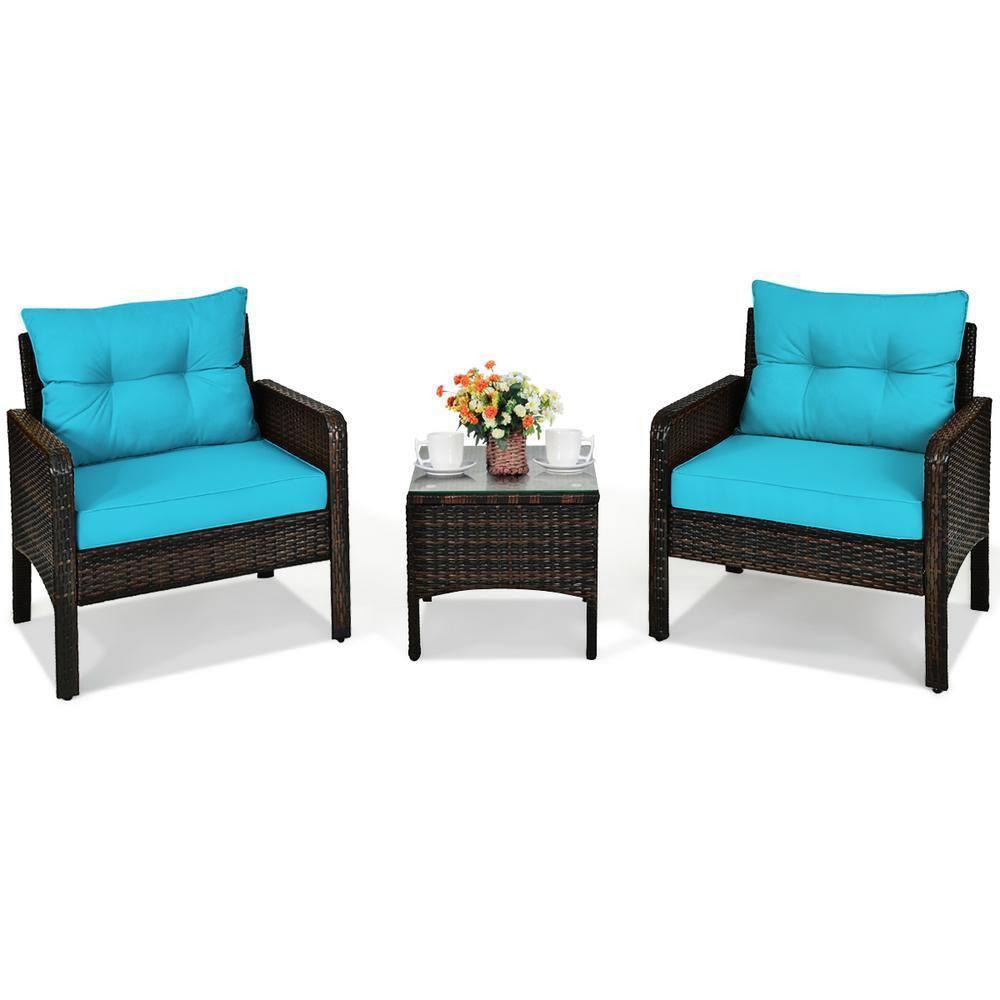 YYAo Garden Conversation Table Set, Conversation Loveseat Chairs Set, 3 Pcs Outdoor Patio Rattan Conversation Set with Seat Cushions-Turquoise