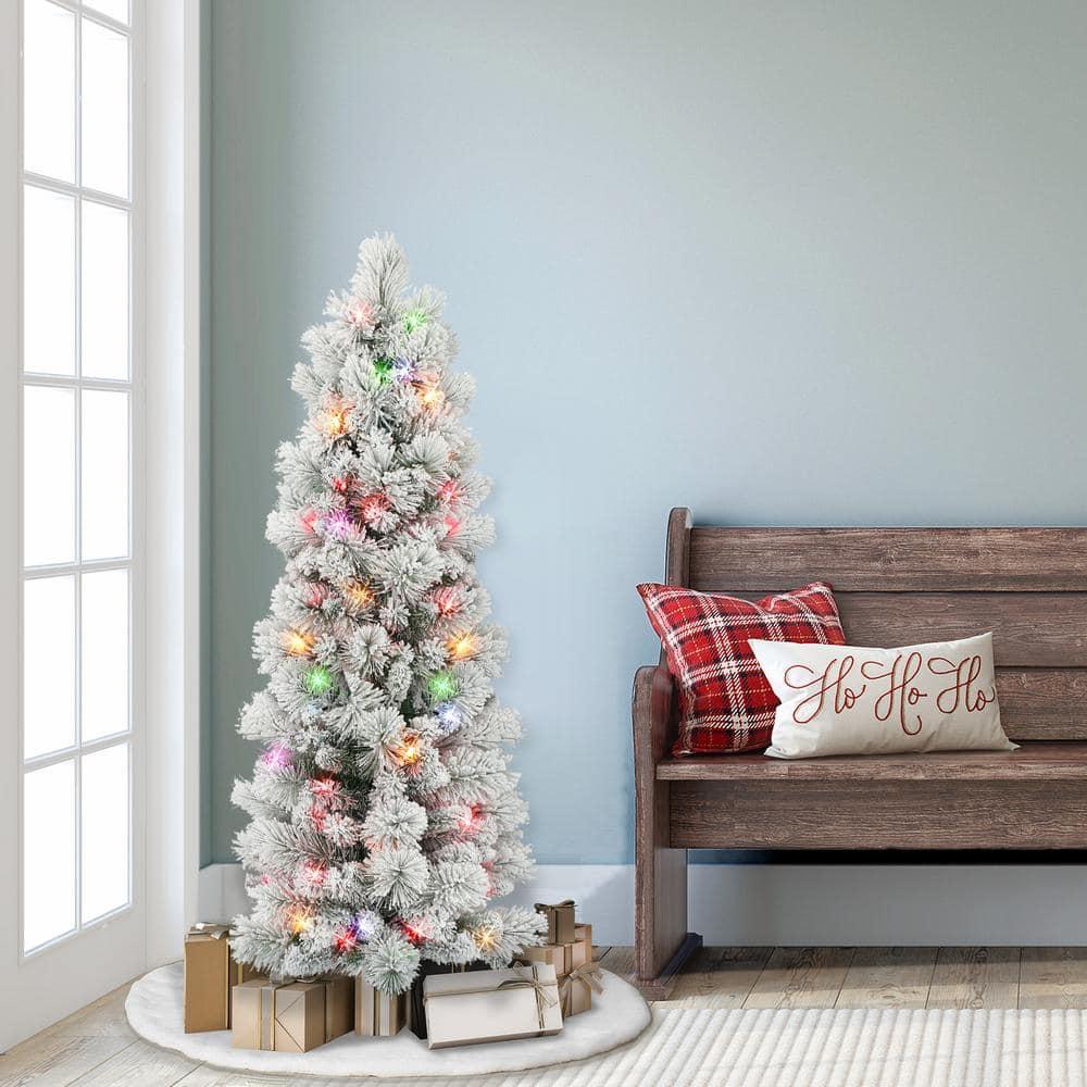 4.5 ft Flocked Portland Pine Pencil Tree with 195 tips 100 Multi-color Incandescent Lights