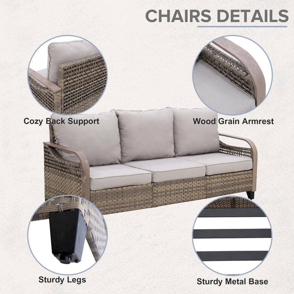 INTER HUT Modern Wicker Patio Sofa, Rattan Outdoor Couch Sofa, 3 Seat Couch, Brown/Gray