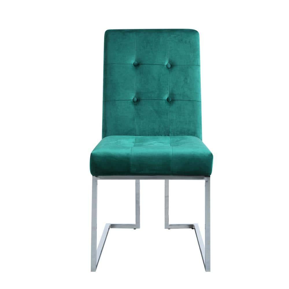 Modern Velvet Fabric Dining Chair in Green/Silver (Set of 2)