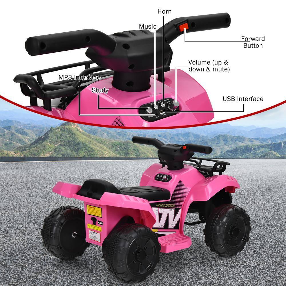 Costway 6V Kids ATV Quad Electric Ride On Car Toy Toddler with LED Light MP3 Pink