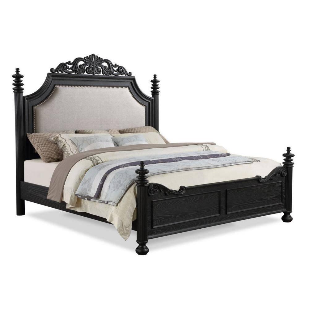 Berry King Black Wood Bed with Cream Upholstered Headboard