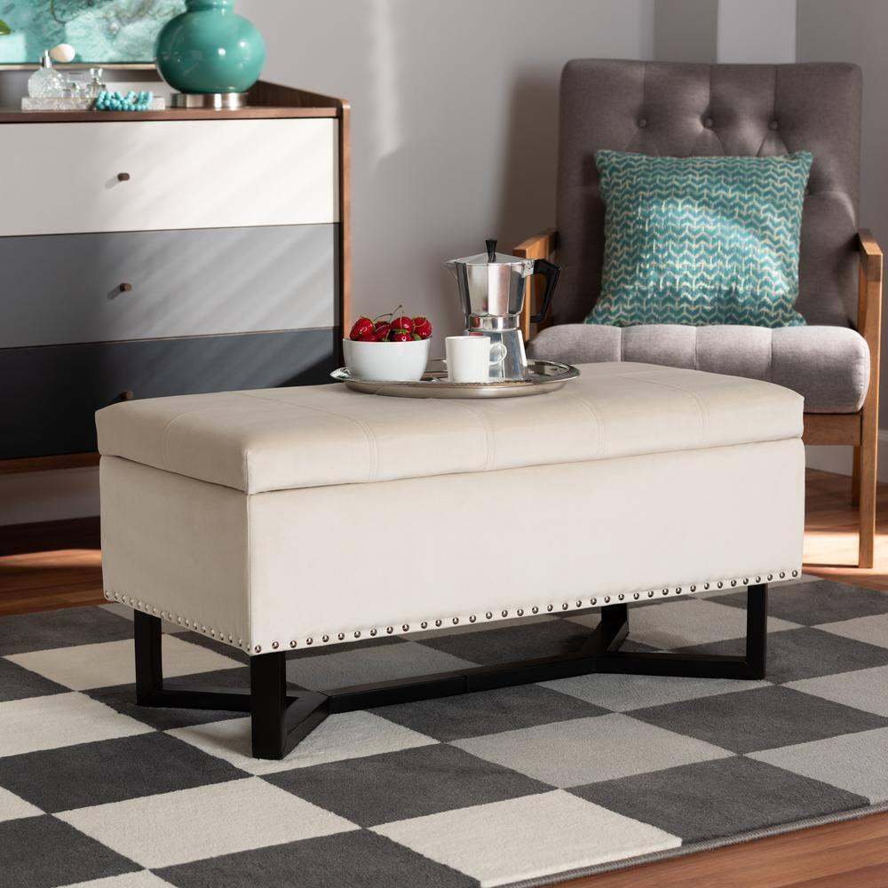 Esther Modern and Contemporary Beige Velvet Fabric Upholstered and Wood Storage Ottoman