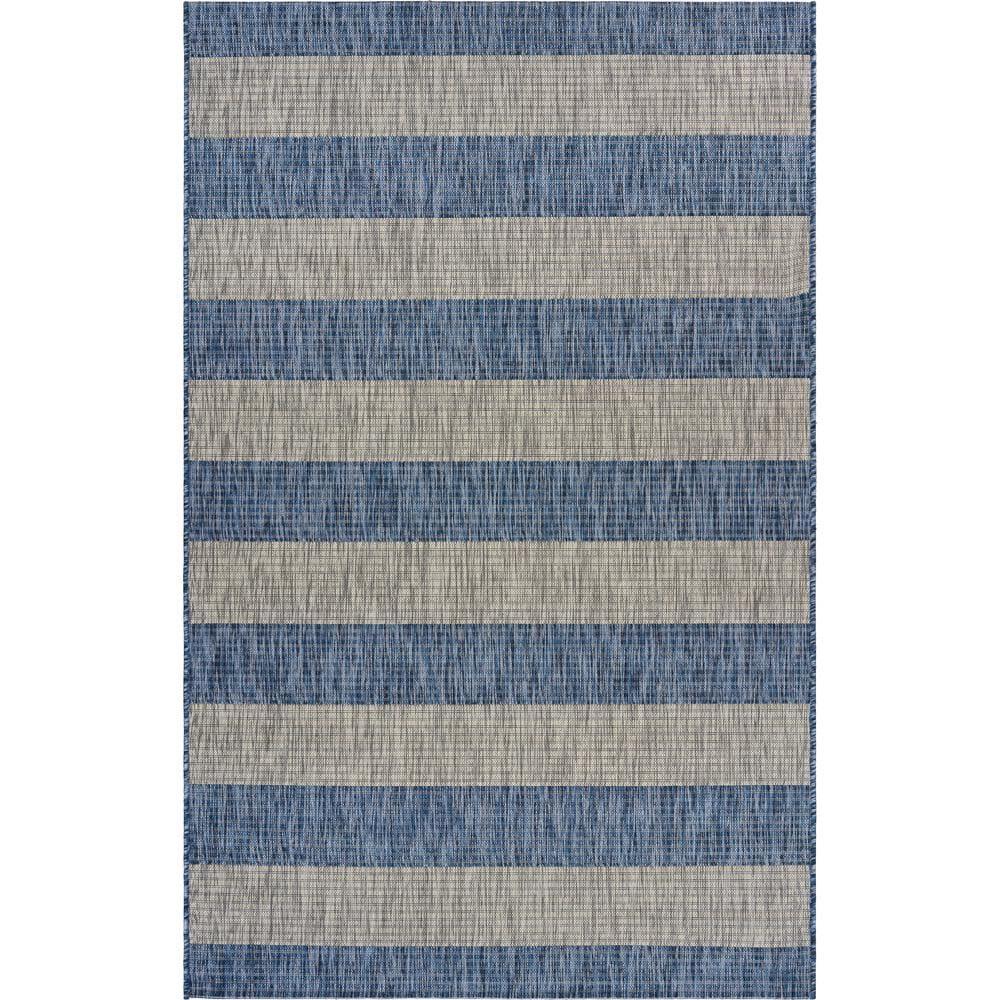 LR Home Camila 7'9" x 9'9", Gray/Blue Stripe Fade, Stain, and Moisture Resistant Indoor/Outdoor Area Rug