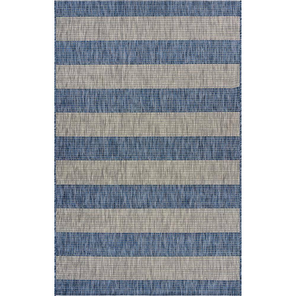LR Home Camila 5' x 7', Gray/Blue Stripe Fade, Stain, and Moisture Resistant Indoor/Outdoor Area Rug