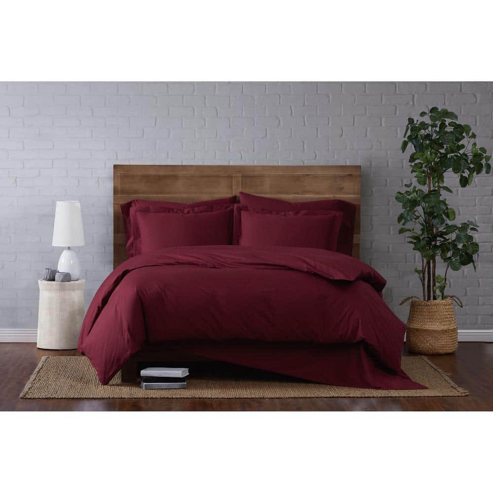 3pc King Classic Cotton Duvet Set Burgundy - Brooklyn Loom: OEKO-TEX Certified, Includes 2 Shams, Hidden Button Closure