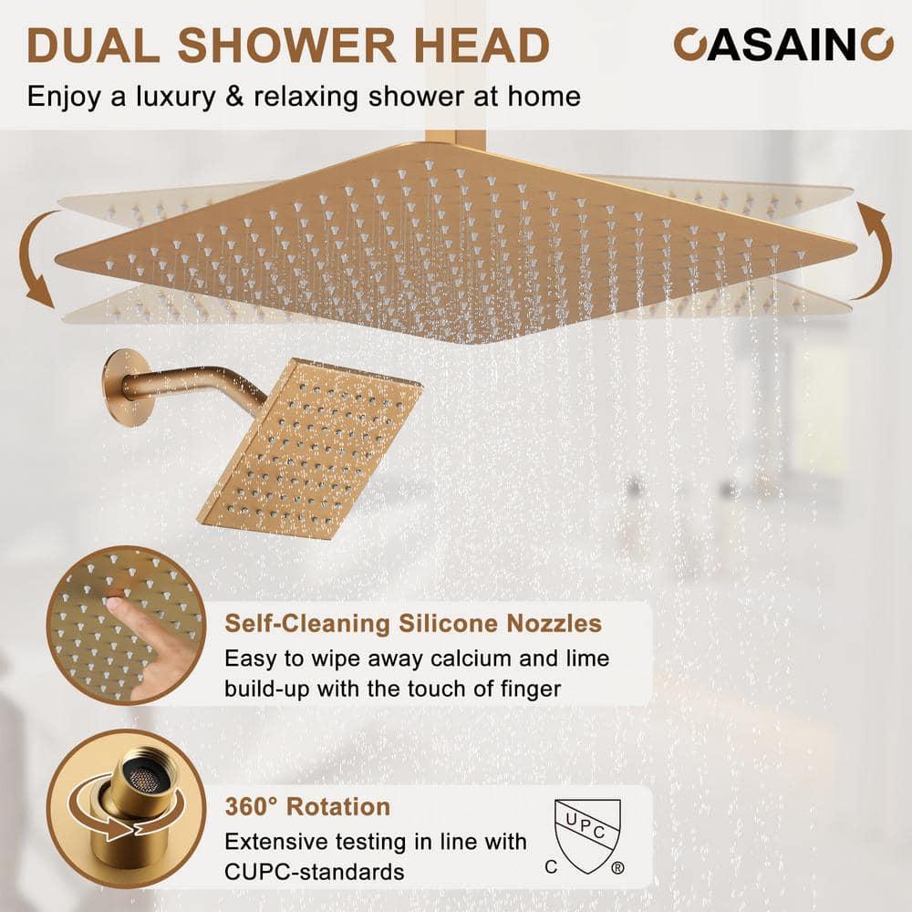 CASAINC Rainfall Symphony 16inch Dual Shower Head Rainfall Thermostatic Shower System with 16-inch Slide Bar and Body spray KCHS0019-16BG