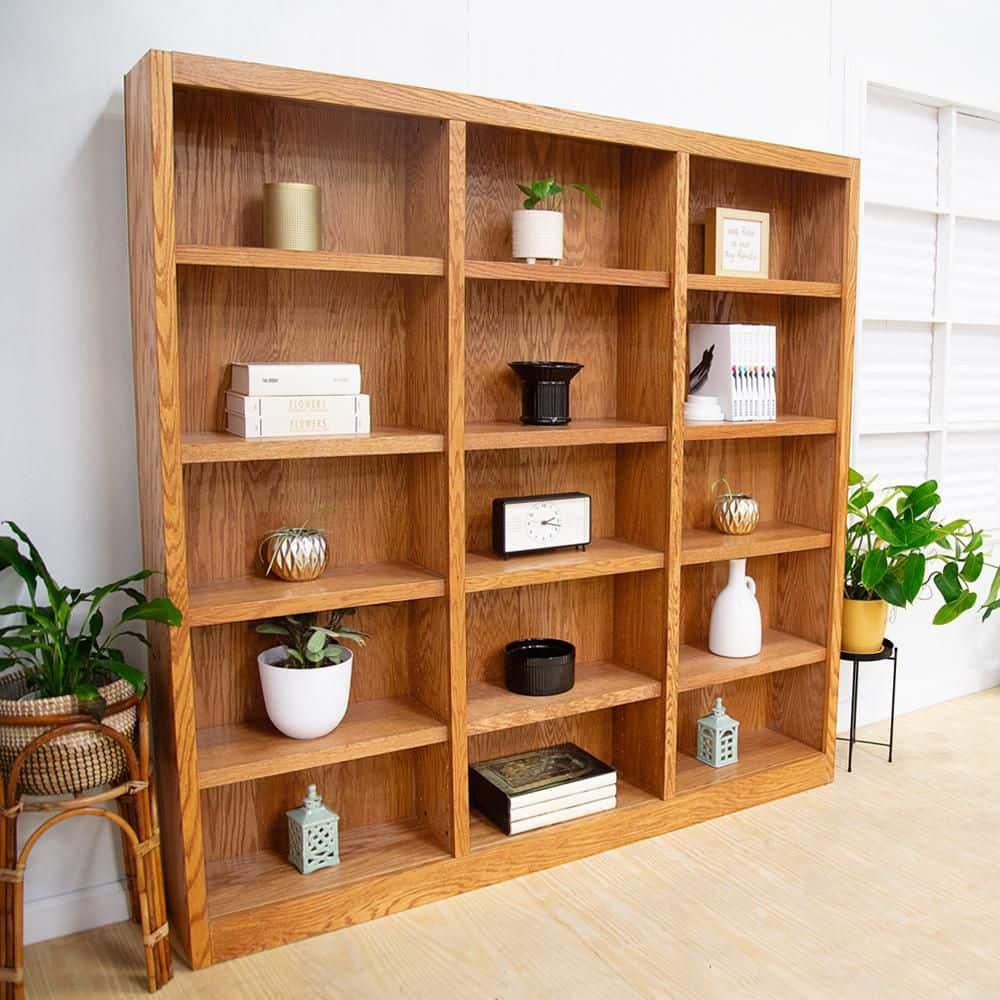 Concepts in Wood Traditional 72" Tall 15-Shelf Triple Wide Wood Bookcase in Oak