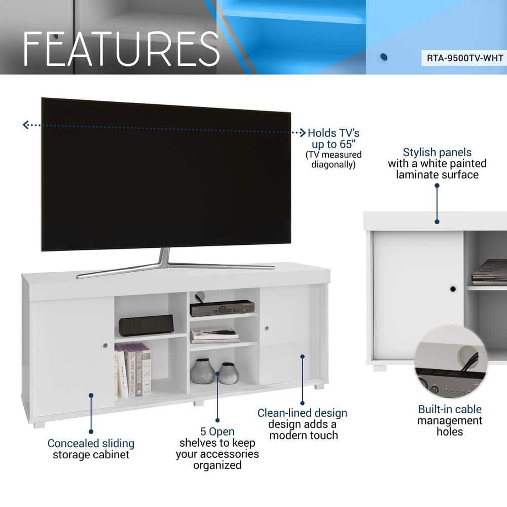 TV Stand for TVs up to 65" with Storage White - Techni Mobili: Modern Console, Open Shelves, Cable Management