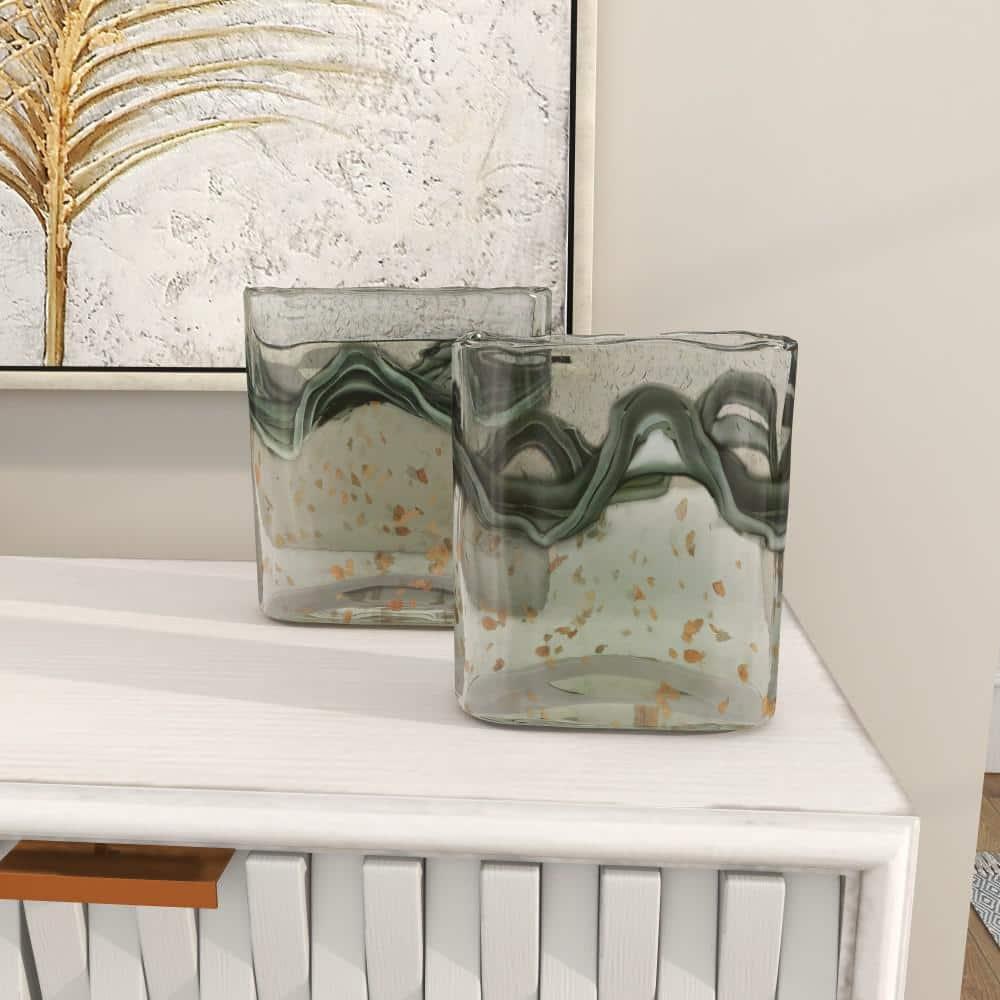DecMode 9", 8"H Handmade Blown Gray Glass Vase with Speckled Wave Design, Set of 2