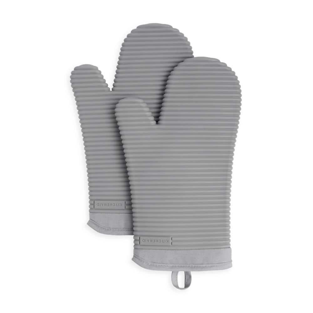 KitchenAid Matte Grey Ribbed Soft Silicone Oven Mitts, Set of 2