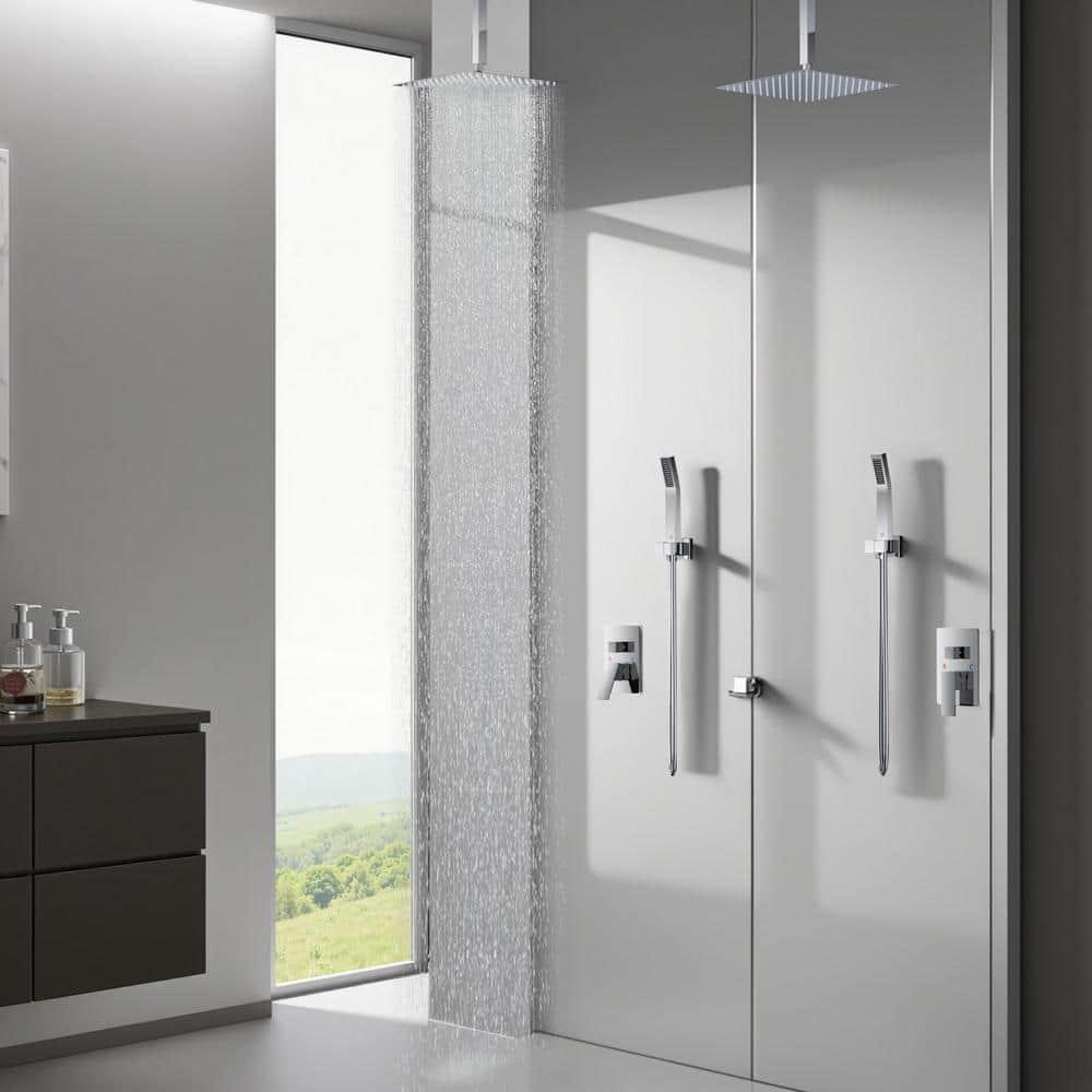 FORIOUS Shower Head System, 12 Inch Rain Shower Faucet Set with Handheld Spray Combo Rough-in Valve, Solid Brass Pressure Balanced Valve Trim Kit, Ceiling Mount, Chrome