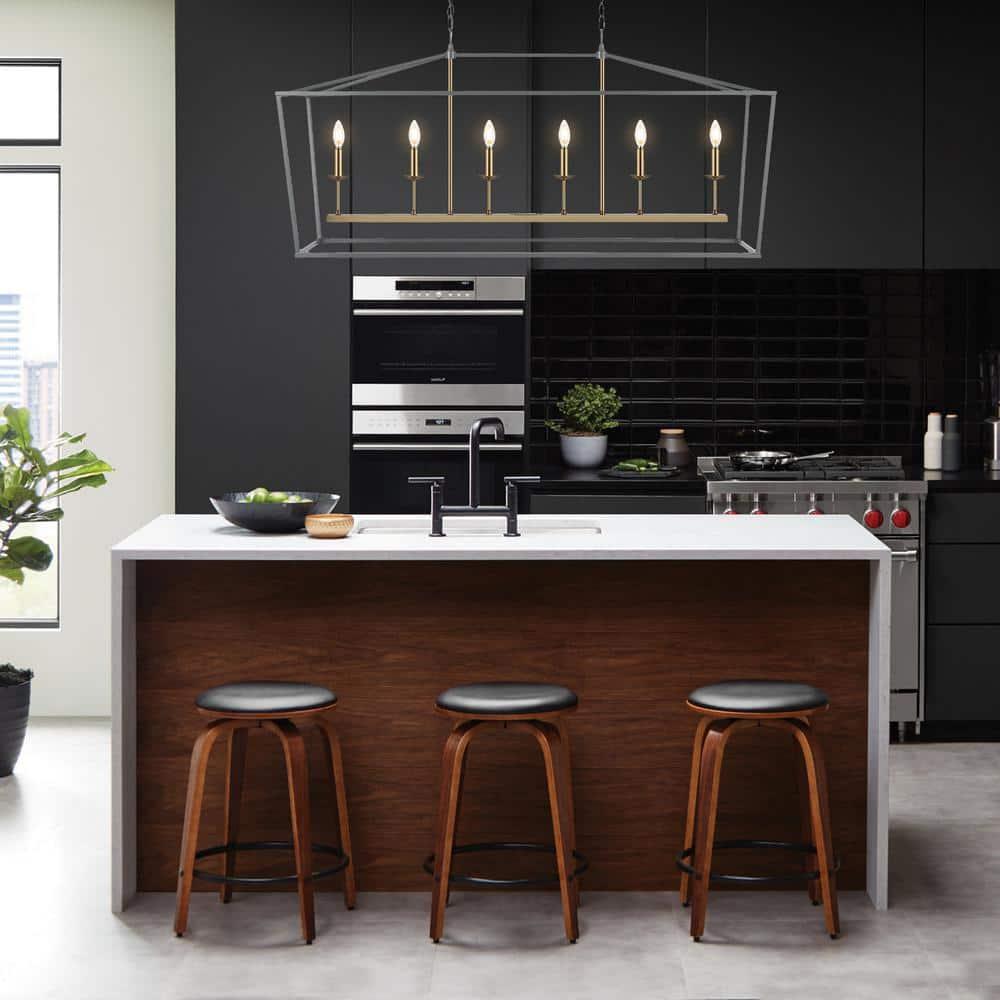 Pagoda 49" Linear 6-Bulb Classic Traditional Metal LED Pendant, Gray/Brass Gold