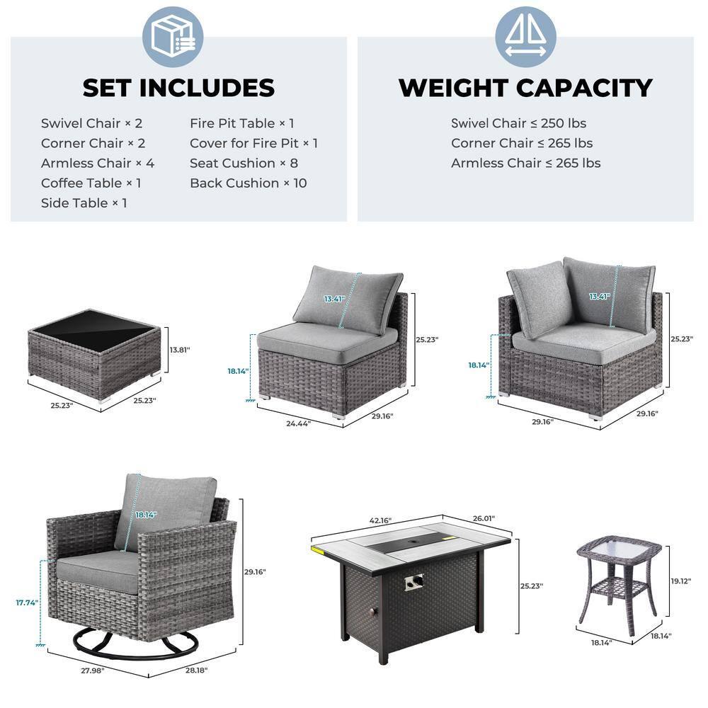 Ovios Venice 11pc Wicker Outdoor Patio Furniture Set Conversation Sofa with a Metal Fire Pit Swivel Chairs and Dark Gray Cushions