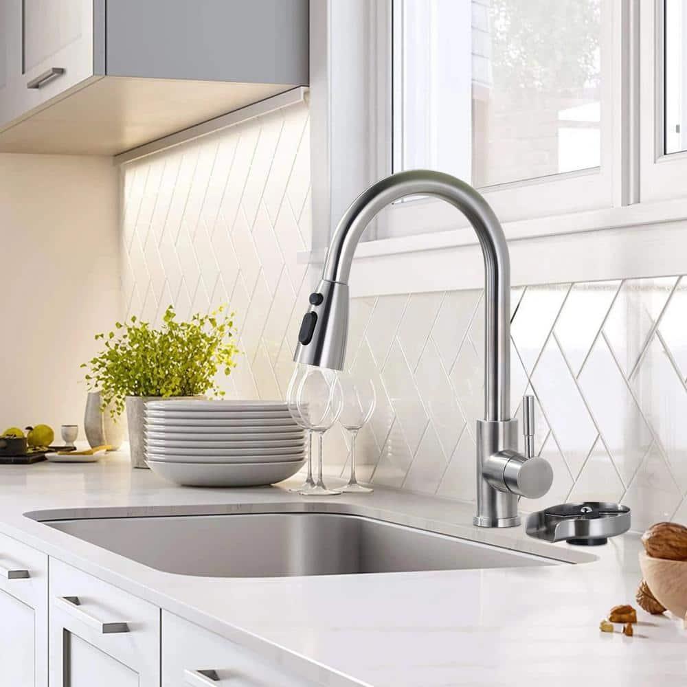 ARCORA Single Handle Stainless Steel Pull-Down Kitchen Faucet with Deckplate and Glass Rinser Combo