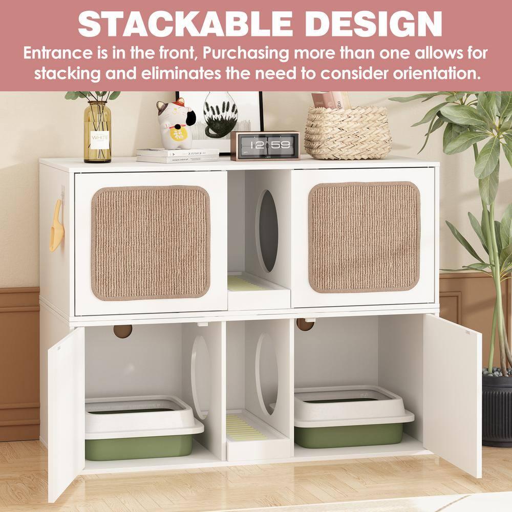 Wooden Hidden Cat Litter Box with 2 Sisal Doors, Litter Box Enclosure Washroom Storage Cabinet Bench End Table