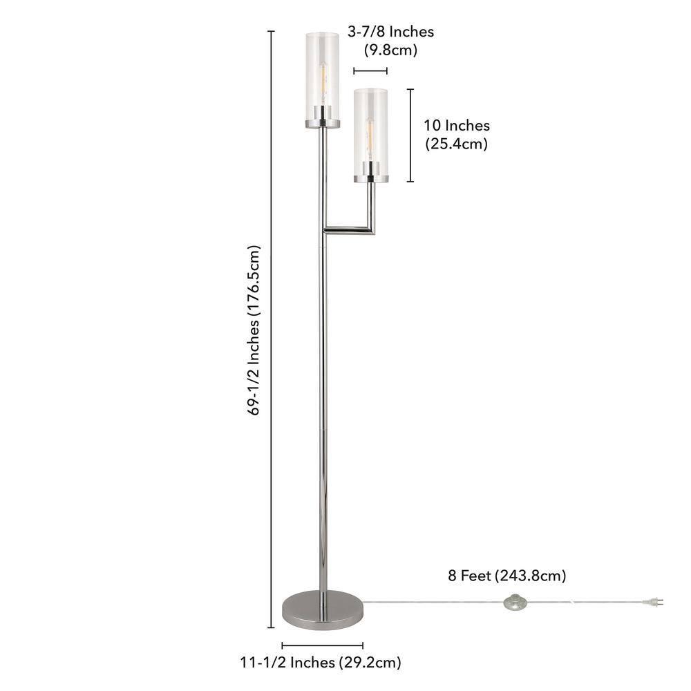 Evelyn&Zoe Basso 2-Light Torchiere Floor Lamp with Glass Shade in Polished Nickel/Clear