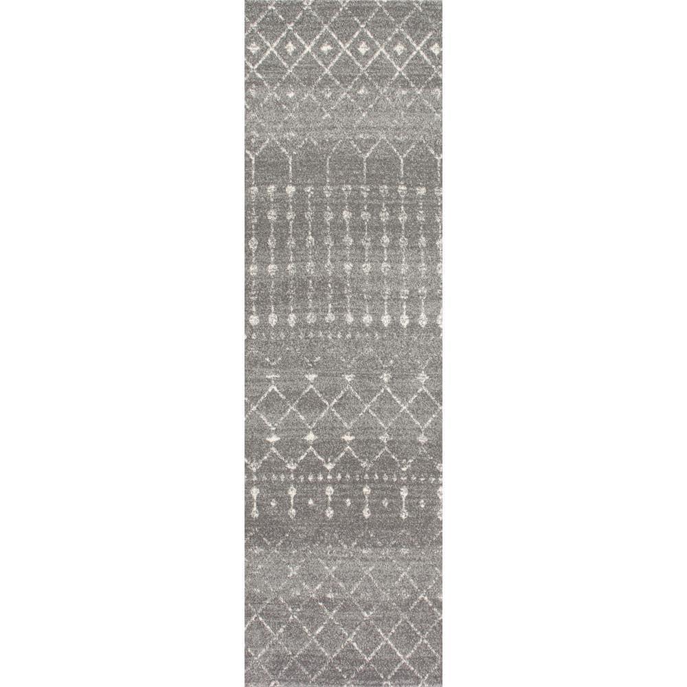 Dark Grey Geometric Synthetic Runner Rug, 34" x 7"