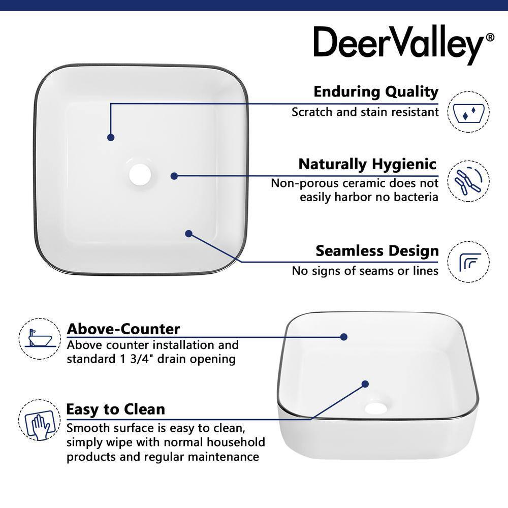 DeerValley Ace 15'' White/Black Square Ceramic Vessel Bathroom Sink
