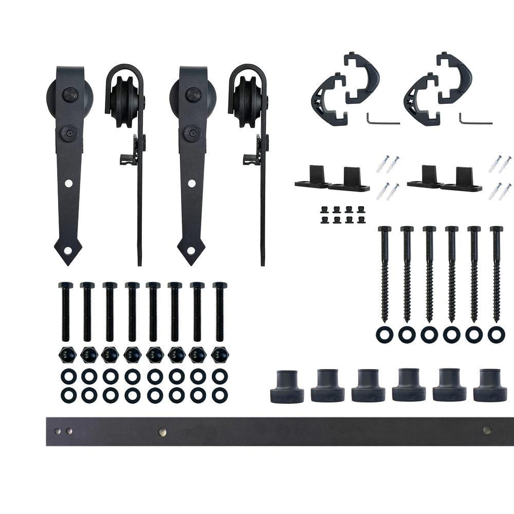 Homacer Black Rustic Sliding Barn Door Hardware Kit, for Two/Double Doors, 7.5ft Long Flat Track, Arrow Design Roller, Heavy Duty, for Interior & Exterior Use