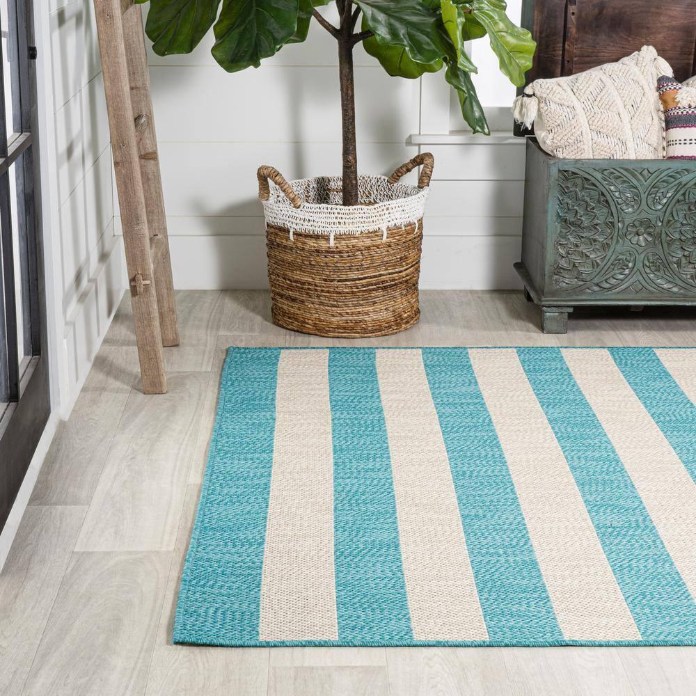 3' x 5' Negril Two-Tone Wide Stripe Indoor/Outdoor Area Rug, Aqua/Cream - JONATHAN Y